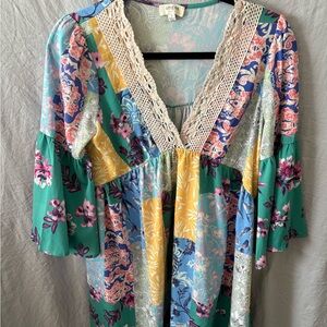 Colorful Floral Bohemian Dress with Lace Trim